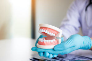 dentist showing a pair of dentures